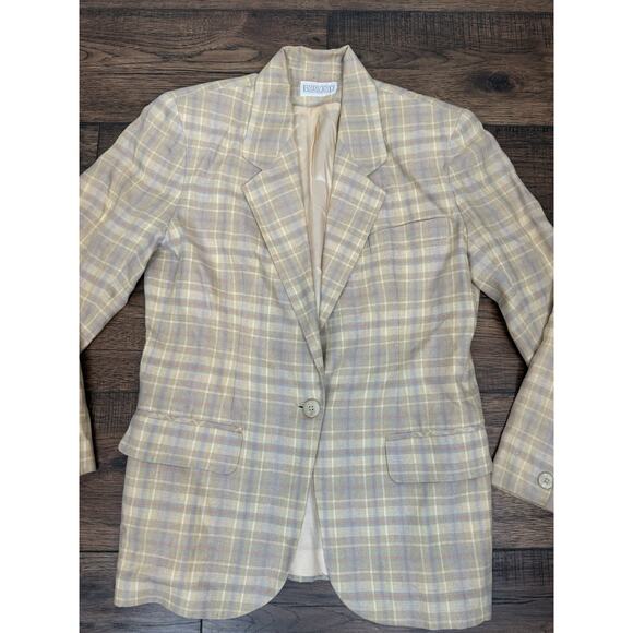 Vintage Lands End Women’s Blazer 100% Linen Yellow Jacket One Button Plaid Sz 6P - Picture 2 of 7